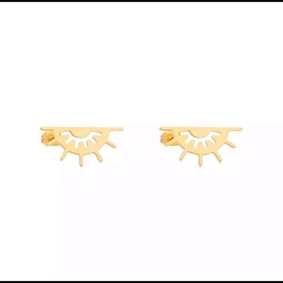 Gold Eyelash Stud Earrings Sun Ray Boho Evil Eye - Picture 4 of 7